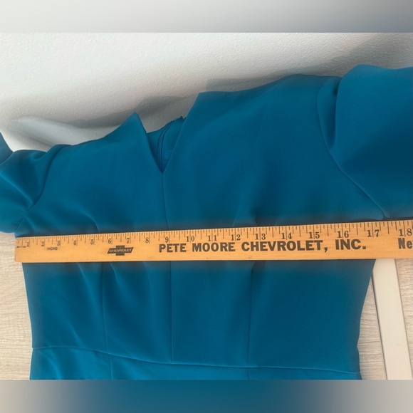 Milly Teal Long Sleeve Split Neck Mini Dress Puff Sleeve Cocktail Party Size 8 - Picture 9 of 12